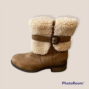 UGG Tan Suede Shearling Cuff Ankle Boots